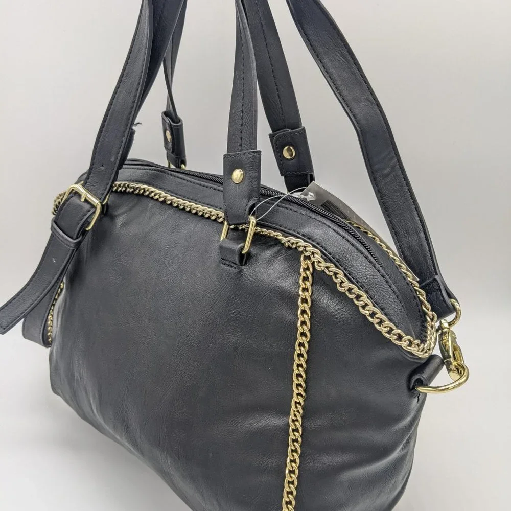 STEVE MADDEN Cheney faux-leather chain accent women's satchel crossbody BLACK
